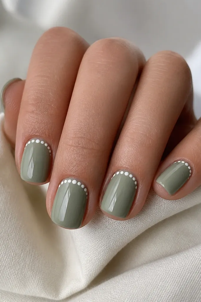 Short squoval nails in soft sage green BIAB. Around the cuticle there's a thin ring of small white dots, like pearls, evenly spaced on each nail. Glossy finish.