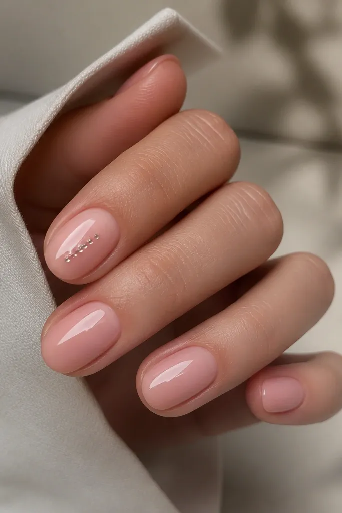 Short oval nails in glossy pink BIAB. Only the index finger has a thin diagonal rhinestone line made of 4 small stones, near the middle of the nail. Other nails are plain pink.