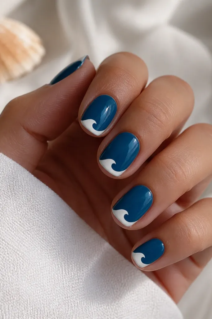 Short rounded nails in glossy ocean blue. At the tip, there's a white wave-shaped cutout that looks like a shoreline - the wave is negative space or a clean white gel edge. Clean, sharp edges, glossy finish.