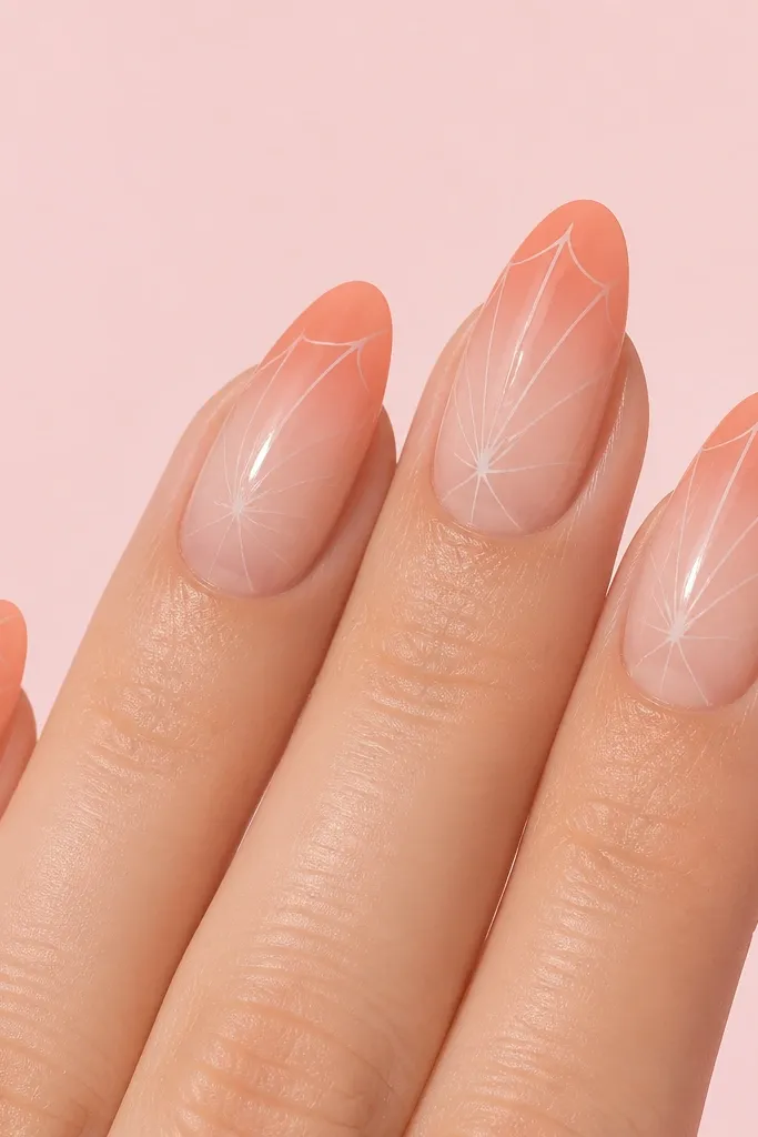 On a light pink background, five BIAB nails show a milky peach jelly gradient that gets slightly richer toward the tips. Over each nail, there are thin white "web" lines starting near the middle and fanning outward. The nails are glossy, almond-shaped, with a clean cuticle line.