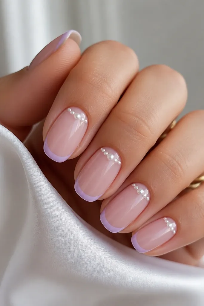 Five nails in a sheer pink BIAB base show ultra-thin micro French tips in pale lilac. Around the cuticle area, each nail has a small pearl dot or two forming a halo shape. The overall look is glossy and neat with crisp tip lines.