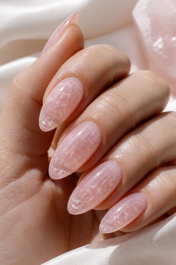 Almond nails show a translucent rose quartz pink base with faint, cloudy swirls. Thin crackle lines appear like mineral veins, mostly concentrated near the center and fading toward the edges. The nails are glassy and reflective under bright light.