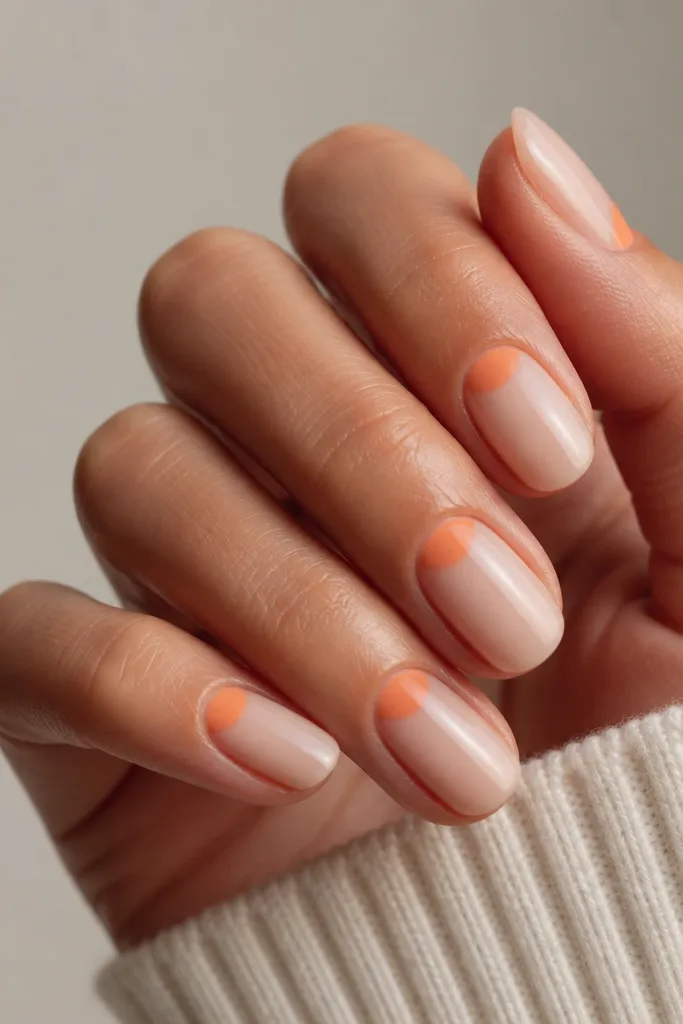On a neutral background, nails have a sheer nude BIAB base. A peachy orange half-moon sits at the cuticle on each nail, shaped like a soft crescent. The rest of the nail is clean and glossy, with crisp edges on the half-moon.