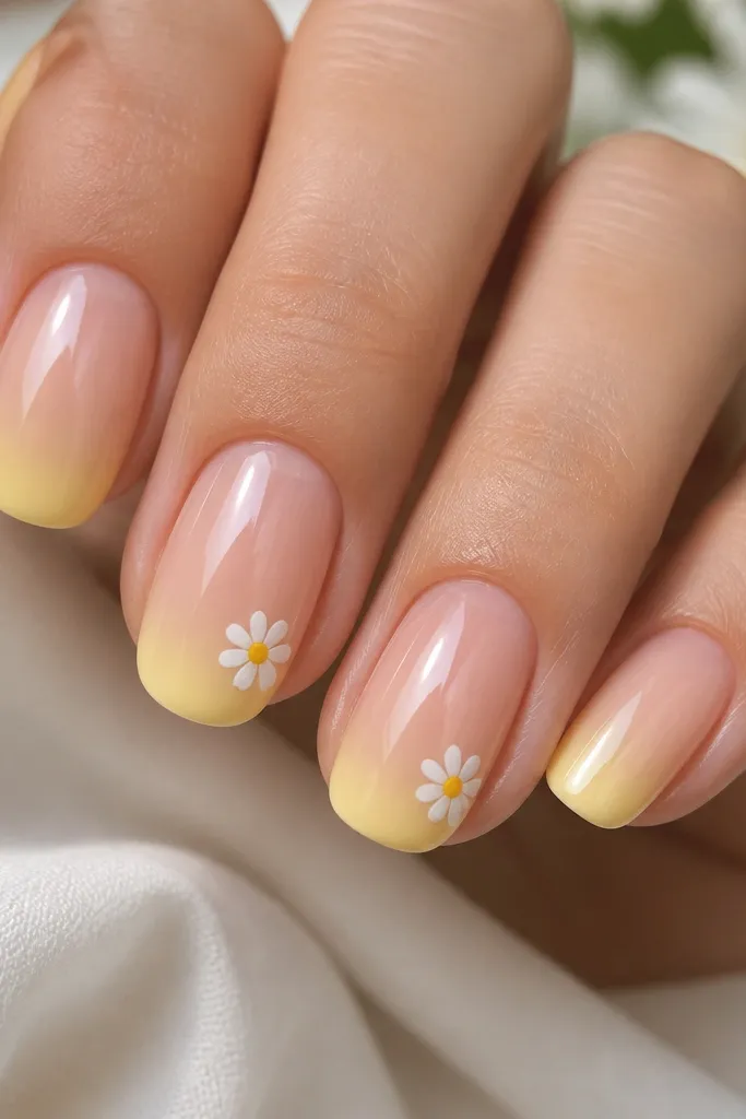 Five nails show a sheer pink base with butter yellow jelly tips that fade upward. On two accent nails, tiny micro daisies sit near the ring area of the nail, with white petals and a small yellow center. Everything is glossy and bright.