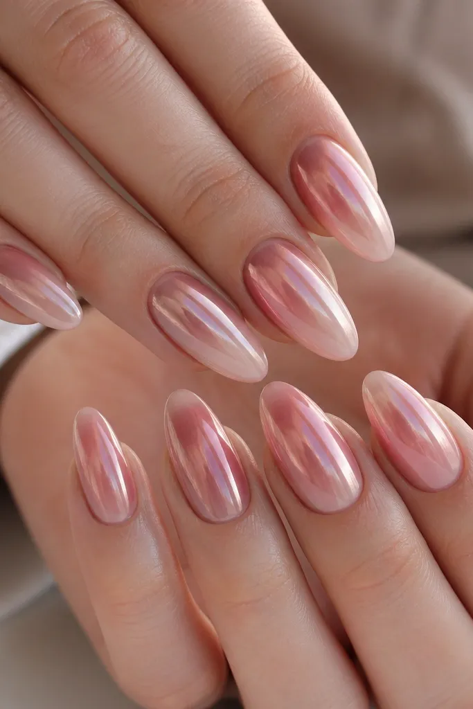 Almond nails have a clear-pink BIAB base that looks like soft glass. Toward the upper half, a rose chrome fade shifts from subtle pink to a brighter rose glow near the center. The finish is super reflective with a crisp cuticle area.