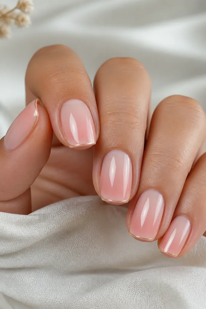 Short squoval nails show a pink vanilla ombré that fades from sheer near the cuticle to a milky warm pink at the tips. A super thin gold line runs along the tip edge like a delicate outline. The nails are glossy and smooth.