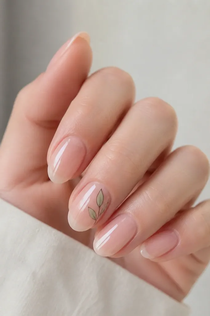 Clear-sheer pink nails show a few tiny sage green leaf shapes on one or two nails. The leaves are outlined in a darker green and filled lightly, placed near the side of the nail. The rest of the nails stay plain and glossy.