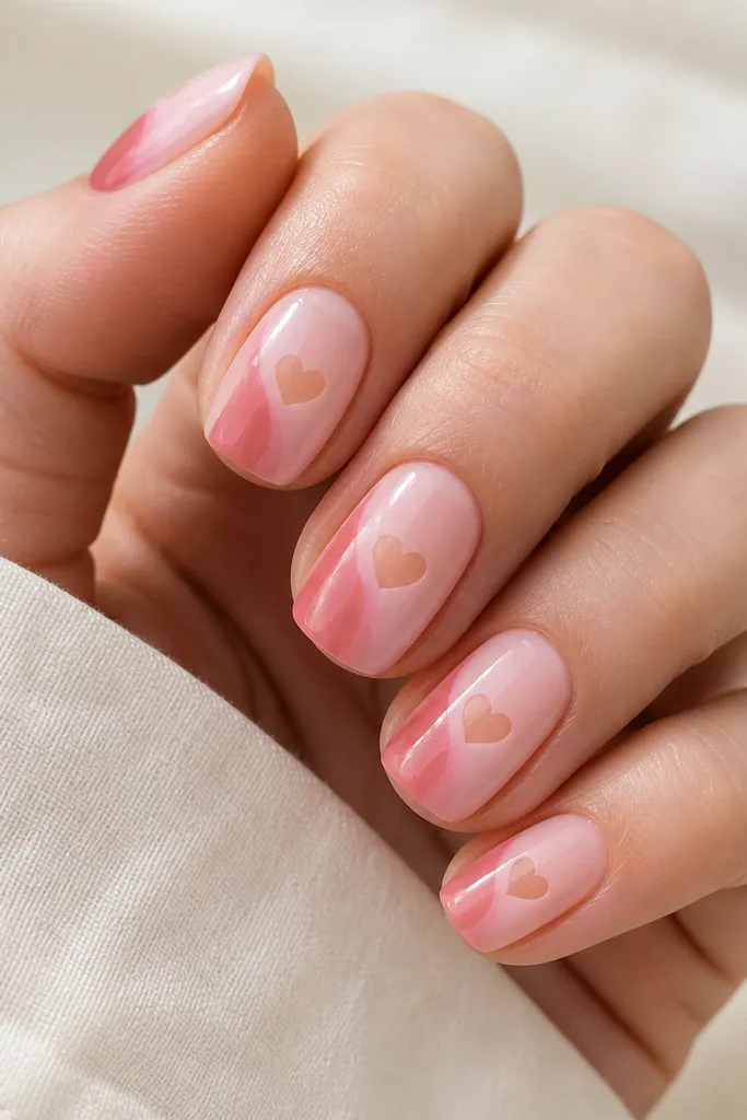 Soft squoval nails have a strawberry milk pink base that is semi-sheer. On each nail, one side has a deeper berry pink swoop. A small negative space heart sits near the center, leaving bare nail visible in the heart shape. The set is glossy and clean.