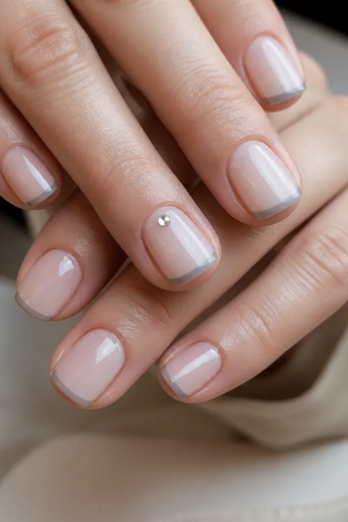 Close-up of short square BIAB nails. The base is milky nude and glossy. Tips are a thin micro French line in smoky gray, with the corners kept slightly softened. One accent nail has a tiny clear rhinestone centered near the cuticle.