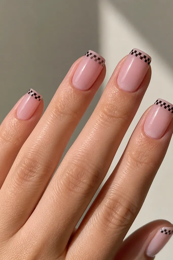 Sheer pink square nails with glossy finish. Each nail has a tiny black checkerboard pattern near the free edge, about 2/3 of the tip width. Corners are crisp and the checker squares are small and uniform.