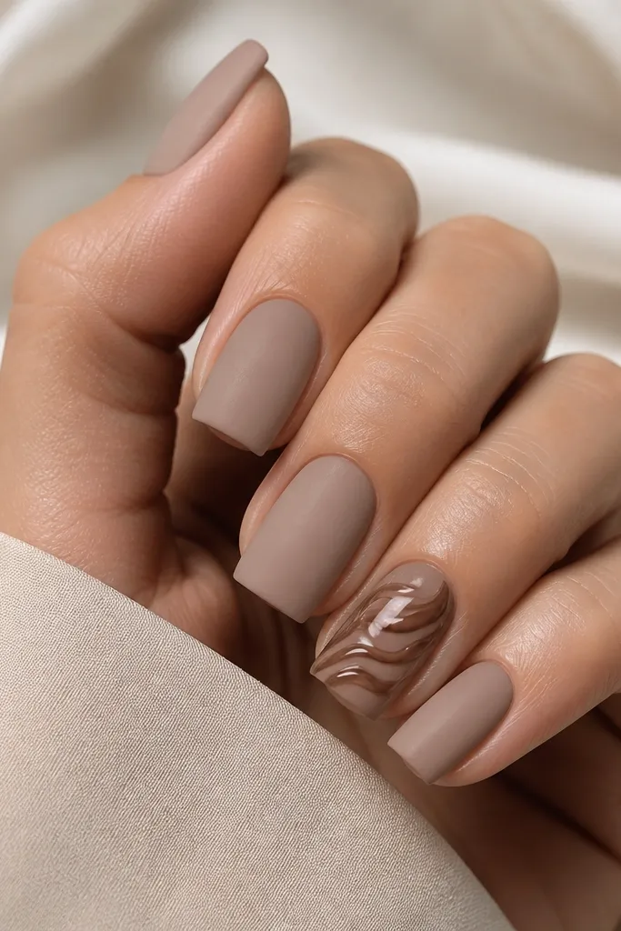 Square nails in a matte soft taupe color. All nails are matte except the ring finger which has a glossy latte-brown swirl painted across the center. The swirl has thin, curved lines with a slightly 3D gloss highlight.