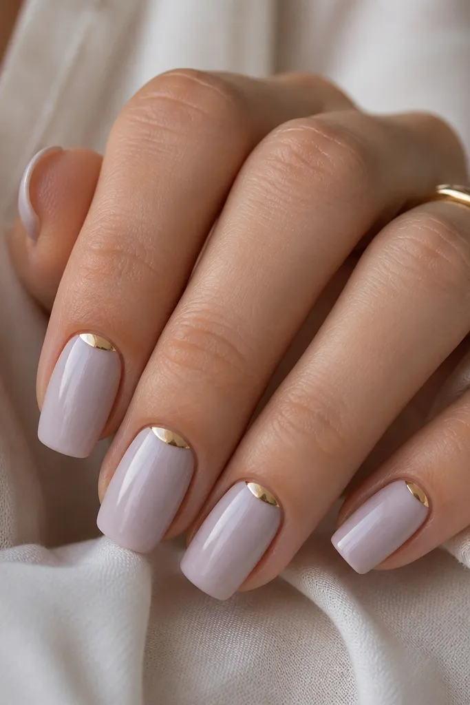 Square BIAB nails with milky white-mauve base. A thin half-moon frame sits right at the cuticle line on each nail, in shiny chrome gold. The rest of the nail is clean and glossy.