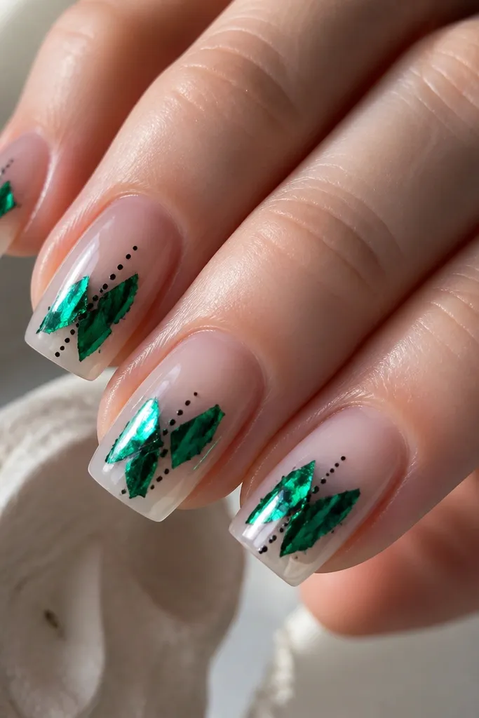 Square nails with clear BIAB base. Emerald green foil shards sit randomly near the center and tip. Small black micro dots line up under the foil, and the overall finish is glossy and reflective.