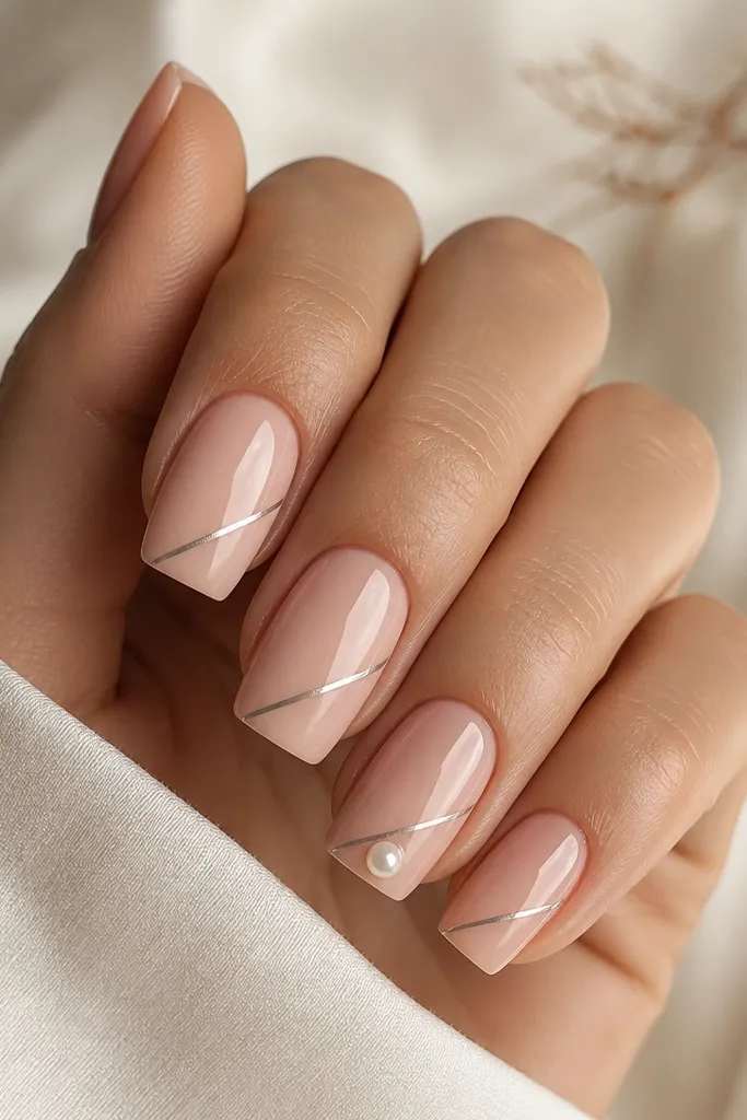 Square nails in nude pink glossy finish. A diagonal chrome stripe runs from the lower left near the sidewall up toward the center of the nail. On the ring finger, there's a tiny single pearl near the free edge, centered.