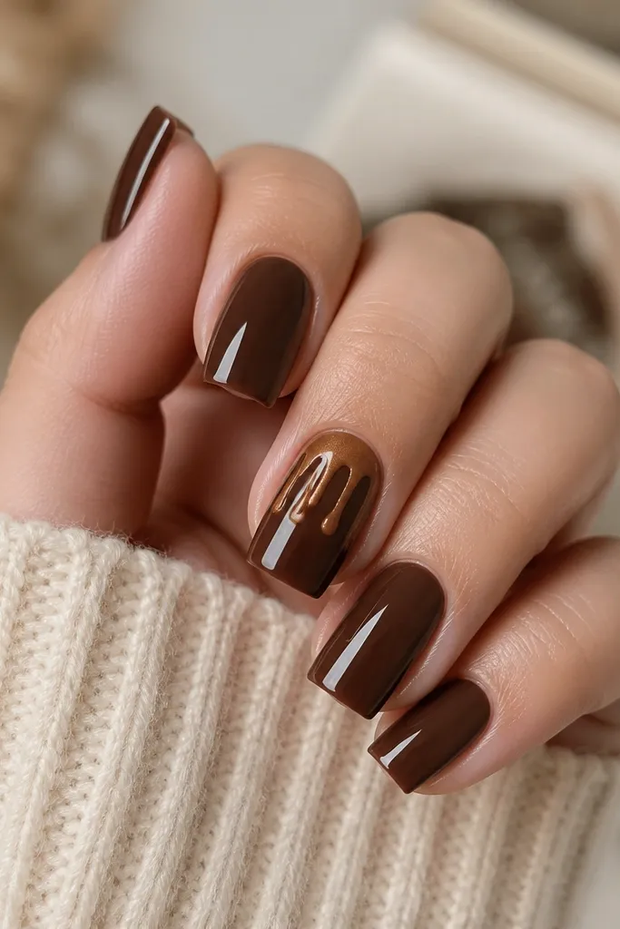 Square nails with glossy chocolate brown on most nails. One accent nail has a caramel-gold drip effect coming down from the center near the cuticle, with thin lines and a glossy shine. The rest of the nails are plain.