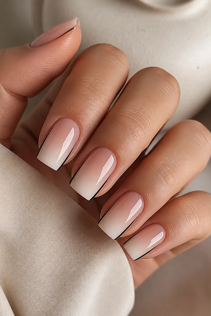 Square nails with a soft nude ombre - slightly deeper at the cuticle and lighter toward the tip. A thin black outline runs along both side edges from mid-nail to the free edge. The nails are glossy and clean.