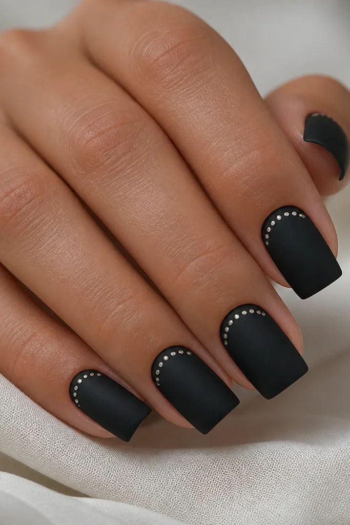Square nails with matte black finish. On each nail, a silver dotted arc half-moon sits just below the cuticle, made from tiny evenly spaced dots. The rest of the nail is plain matte.