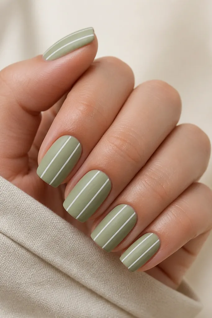 Square nails in soft sage green matte finish. Each nail has 2-3 thin white vertical lines running from near the cuticle to close to the free edge. Lines are straight and evenly spaced, with a clean, modern look.