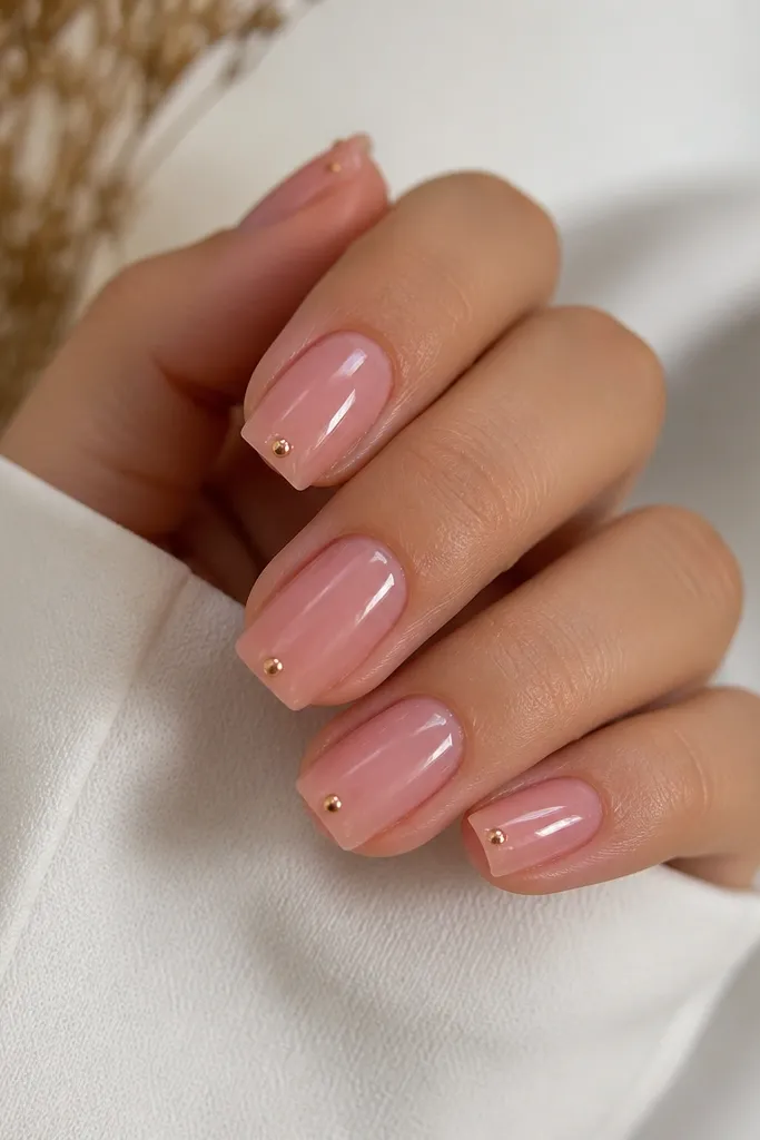 Square nails with a clear pink jelly base and glossy finish. Small rose gold studs sit at the outer corners near the free edge on each nail. The rest of the nail is smooth and minimal.