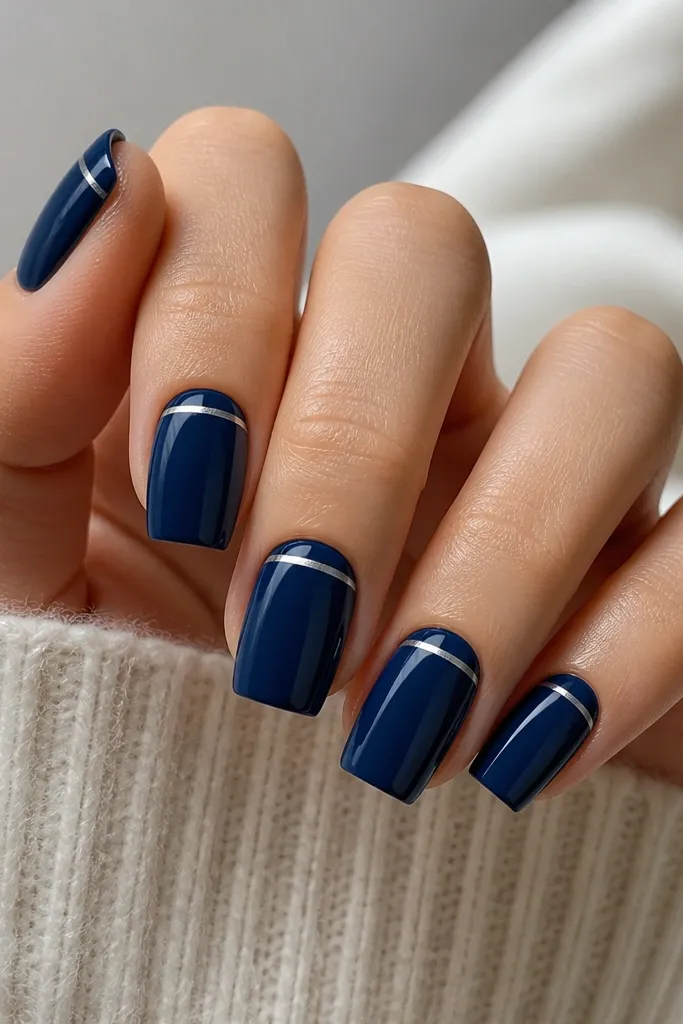 Square nails painted fully in deep navy blue glossy. On each nail, there's a silver line that runs across the top half of the tip like a thin half-tip band, stopping before the corners by a hair.