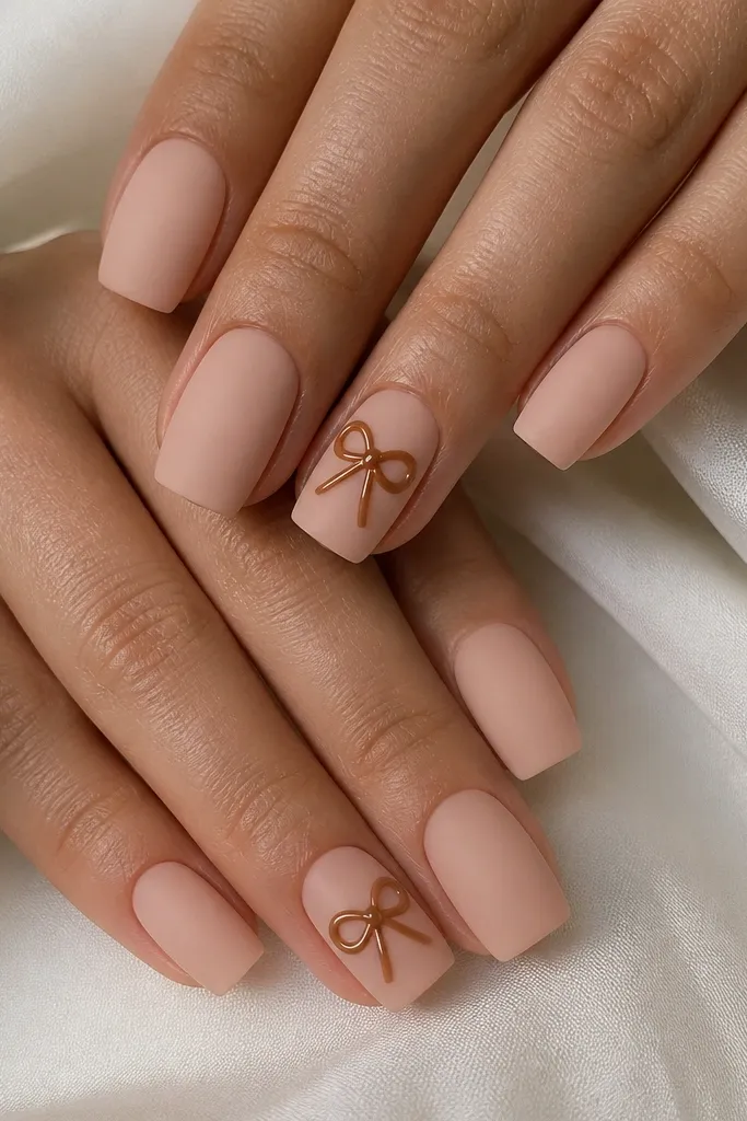Square nails with matte nude finish. The ring fingers have a glossy caramel bow tie in the center, with two small loops and a thin knot. Other nails are plain matte and smooth.
