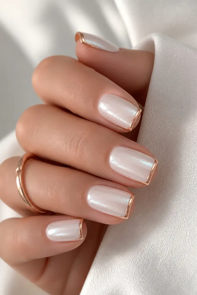 Square nails in pearlized white shimmer, glossy. A slim rose gold border runs around the perimeter of each nail - along both sidewalls and across the free edge line. Border is thin and even, not thick.