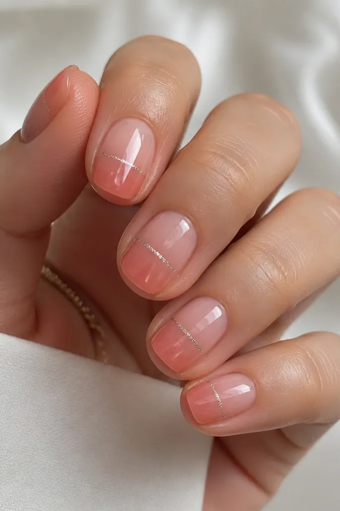 Five short, rounded nails. The base is sheer nude-pink BIAB. The tips are a translucent coral jelly gradient fading into the nude. A thin line of fine silver micro-glitter runs across the nail center like a tiny bridge, with a high-gloss top coat.