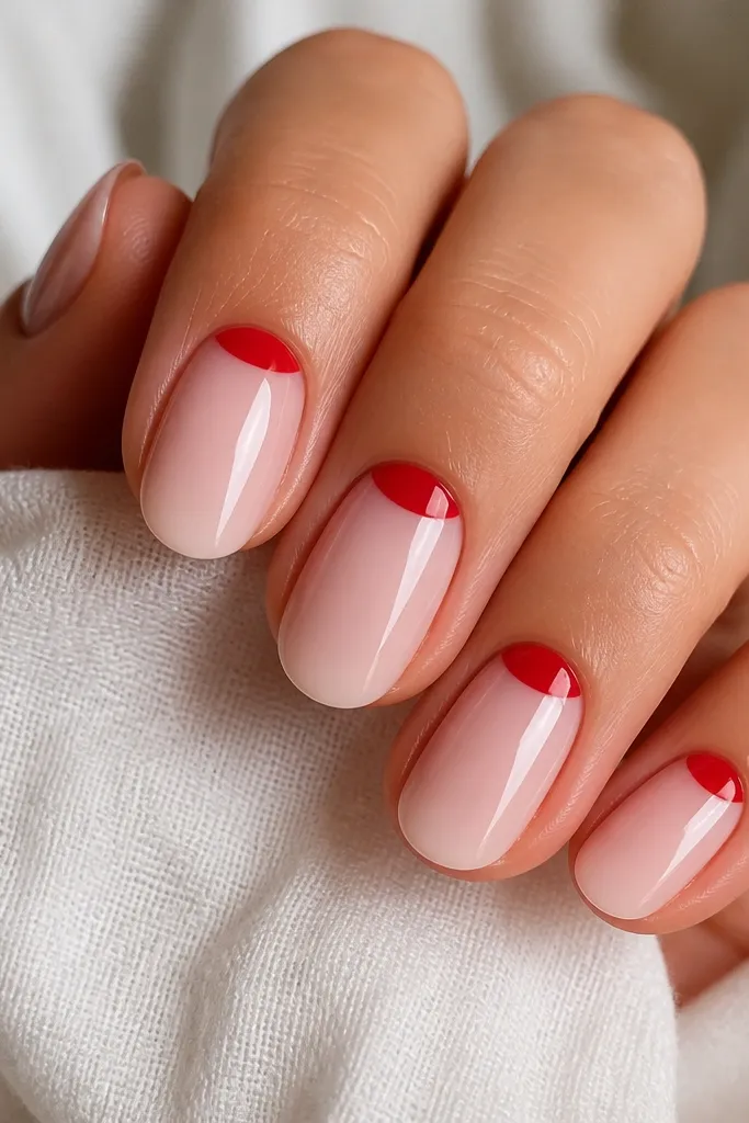 Five nails with a nude-pink base. At the cuticle, there are crisp half-moons in a glossy strawberry red. The rest of the nail is sheer, with a faint milky pink tint. No glitter, just clean shine and sharp edges.