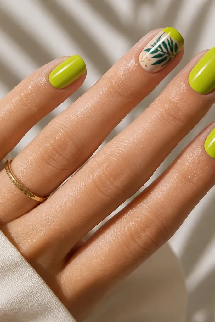 Four nails are glossy lime green with a smooth, even finish. One accent nail has a nude base with hand-painted palm leaves in dark green and teal, plus a tiny dot cluster in gold near the leaf stem. The design is flat and clean, no 3D pieces.