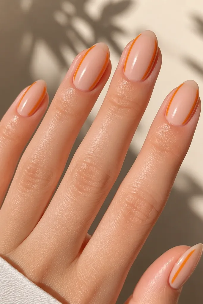 Five nails with a peachy nude base. Each nail has a side French detail: tangerine orange lines run along the left and right edges near the free edge, leaving the center nude. The lines are thin, crisp, and glossy.