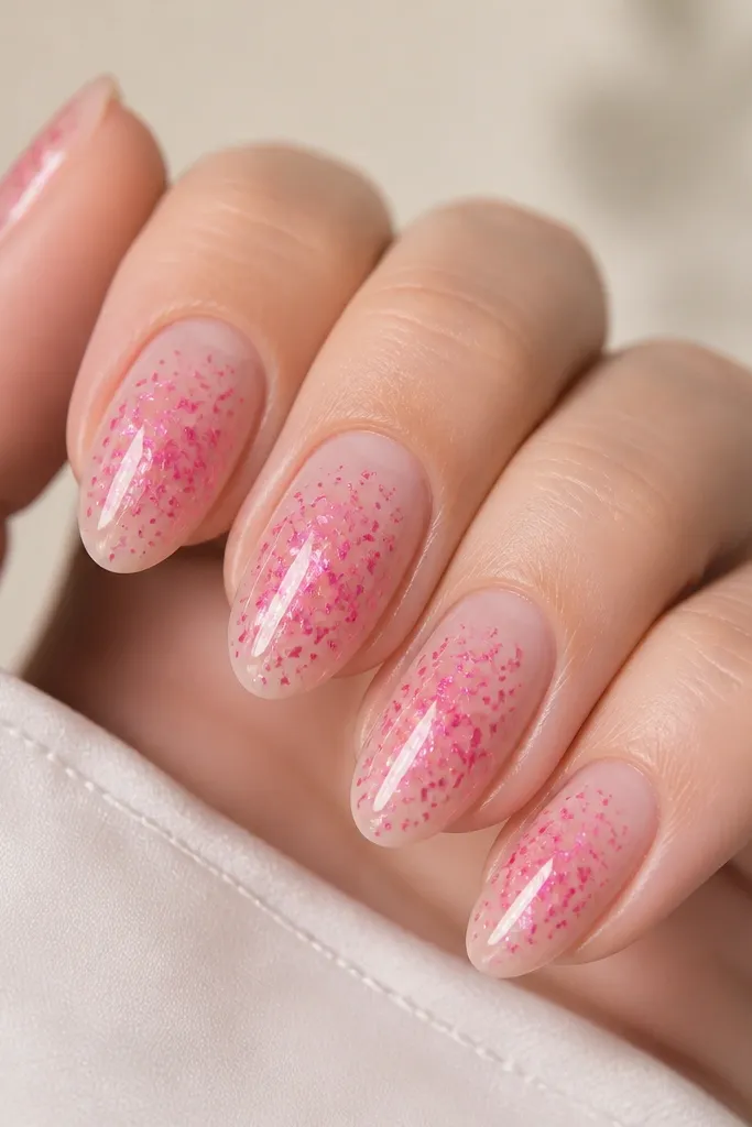 Five nails with a clear BIAB base. Hot pink micro-foil pieces are scattered like confetti across each nail, concentrated near the center and fading toward the edges. The nails are very glossy, with no foil clumps and smooth surface.