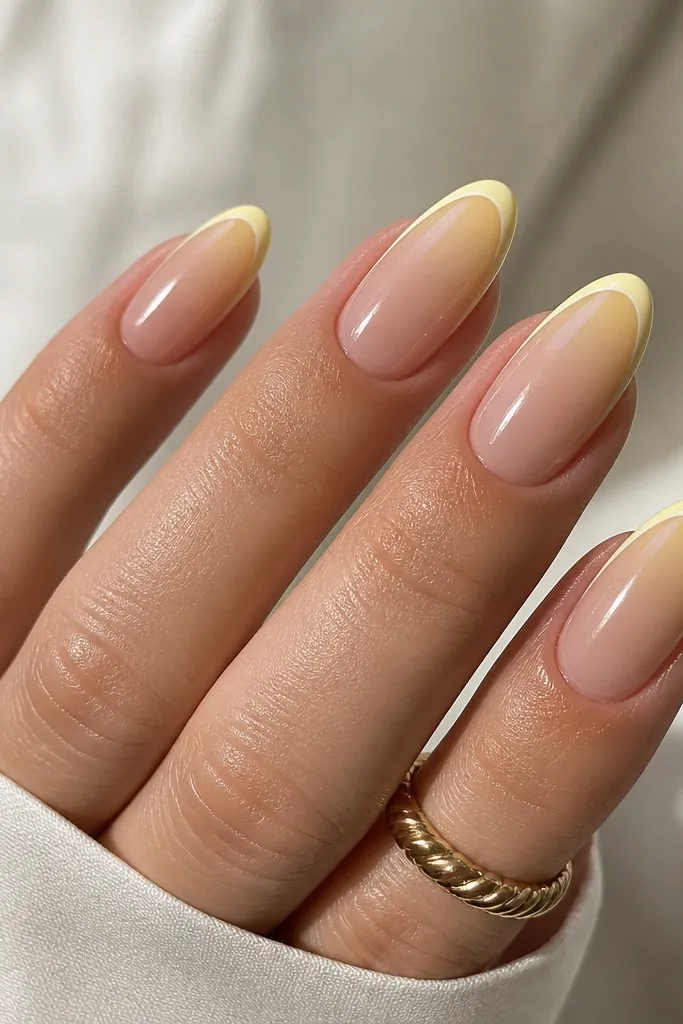 Five medium almond nails. The base is a soft sheer nude. The tips have a lemon gradient that fades upward into the nude. Around the tip edge there is a thin white outline line, like a frame. The nails are glossy with a clean, graphic look.