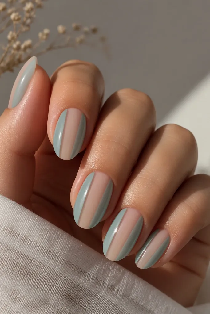 Five nails with nude BIAB in the center. The sides are painted sea glass teal, leaving a clear negative-space stripe running down the middle. The teal looks translucent and slightly milky, like sea glass. Everything is glossy and smooth.