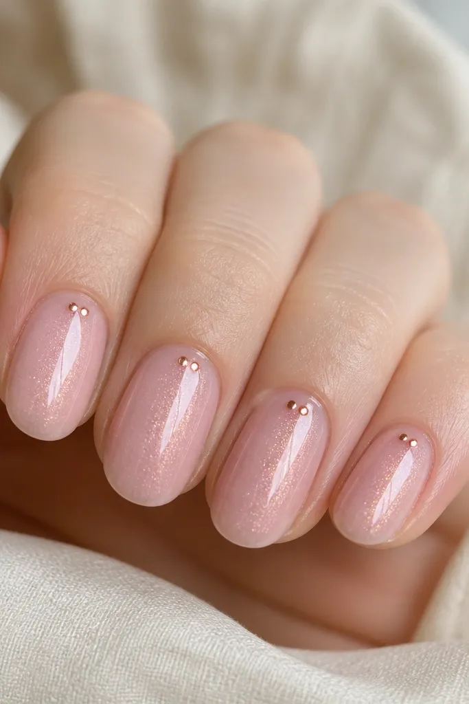 Five nails with a pale rose BIAB base that has fine shimmer like rose quartz. Near each cuticle, there are two tiny copper dots on either side of the center line. The rest is clean and glossy, no glitter coverage across the whole nail.