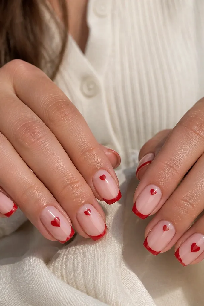 A set of medium-short BIAB nails in sheer blush pink. The top half of each nail has a crisp cherry red half-moon at the tip edge, and a tiny heart cutout sits right above the half-moon in glossy red. Two accent nails have a slightly larger heart near the center. Everything is high-gloss with clean cuticles.
