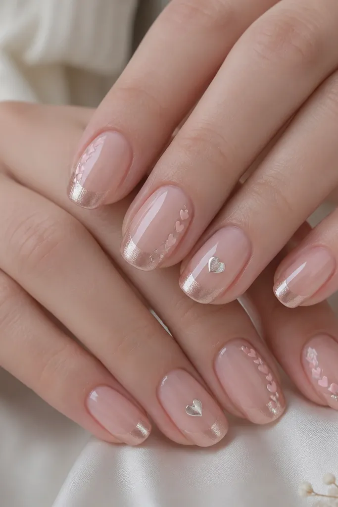 Short to medium BIAB nails with a sheer pink base. The tips are coated in a soft rose chrome gradient that fades from silver-rose to clear near the nail bed. Tiny micro hearts in pale pink and silver sit along the sidewalls and one heart is placed near the center on each ring finger. The finish is mirror-like at the tips and glossy overall.