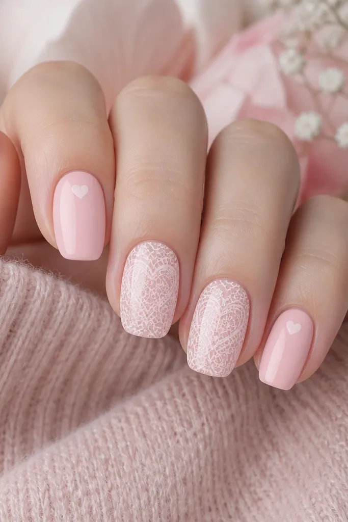 Medium BIAB nails in soft blush pink. Two accent nails show a lace-like heart pattern stamped in white-pink, while other nails have a smaller heart motif near the cuticle. The lace edges are crisp like nail stamping, and everything has a glossy top coat with no texture.
