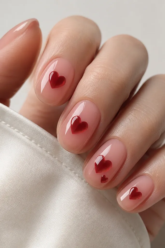 Nails look like glossy clear pink jelly over the natural nail. Inside the jelly layer, deep cherry red hearts float near the center of each nail. The hearts have a slightly translucent look, like candy, with glossy highlights. Accent nails have one larger heart and one tiny heart beside it.