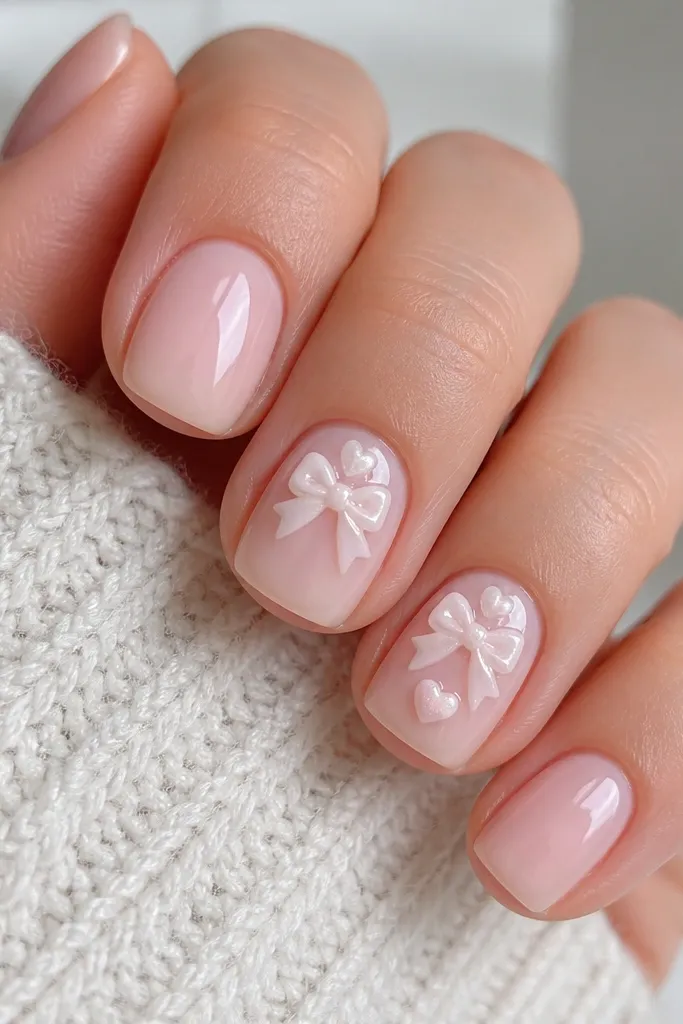 Short square BIAB nails in milky pink. Most nails are solid milky pink with a glossy finish. Two accent nails have a tiny 3D-style bow near the cuticle made from glossy white-pink gel, with subtle shading on the bow tails. One nail has a single small heart beside the bow.