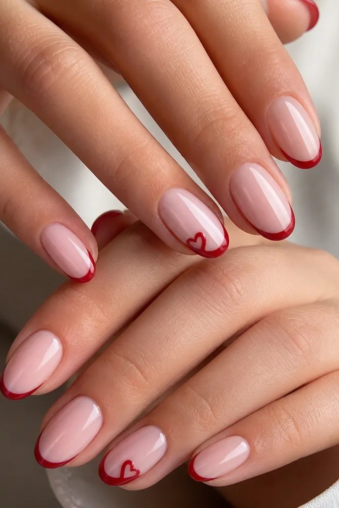Medium BIAB nails with a sheer blush base. The nails have a thin red French outline around the tip edge, leaving the center of the nail blush and glossy. On ring fingers, the outline is thicker and includes a tiny heart at the side of the tip. Cuticles are clean with a natural gap-free look.