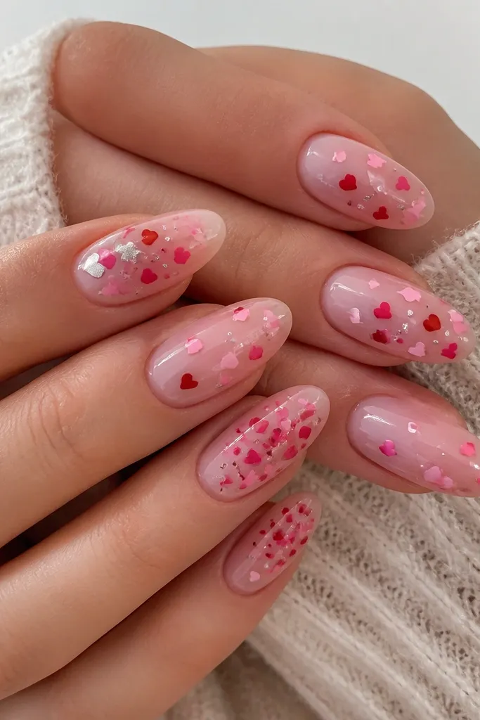 Sheer pink BIAB nails with a glossy finish. Each nail has scattered tiny heart shapes in different sizes, in red, hot pink, and a few silver micro dots. The hearts are concentrated near the center and taper toward the sides. Accent nails have more confetti and one nail has a small silver foil heart near the cuticle.