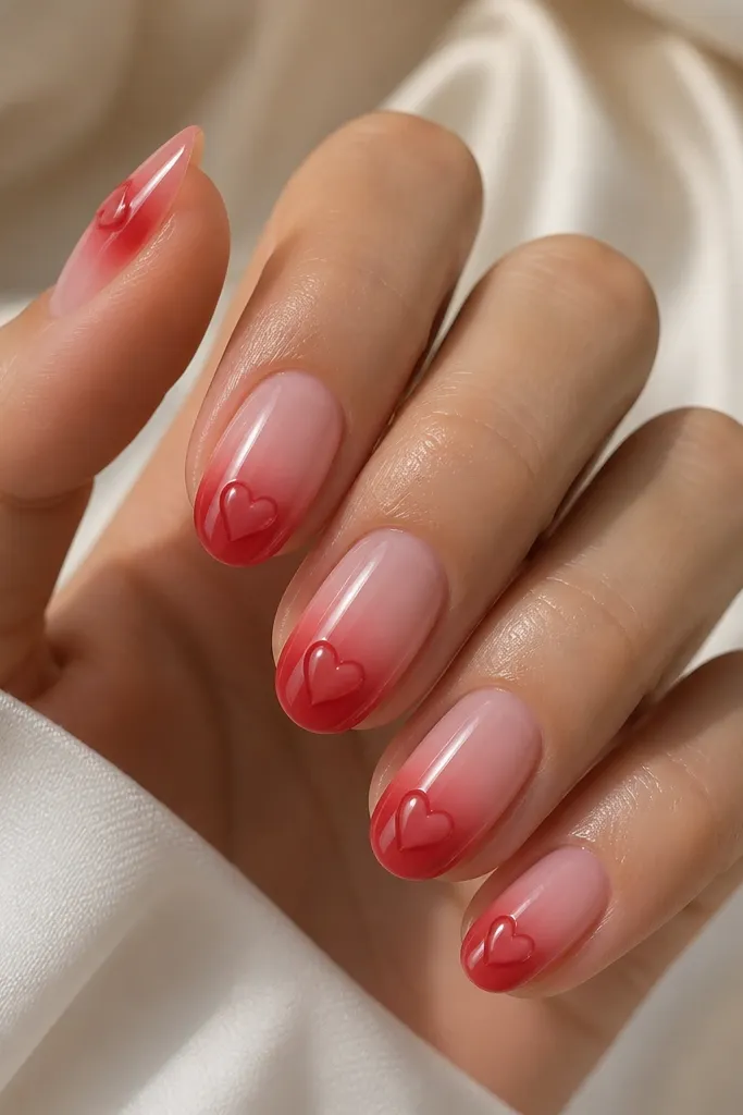 Gradient nails that start as sheer pink near the cuticle and fade into a soft red at the tips. A heart shape is painted into the red area on each nail, centered and glossy. The heart has a slightly darker red outline and a lighter red fill so it looks dimensional. Everything is smooth and glassy.