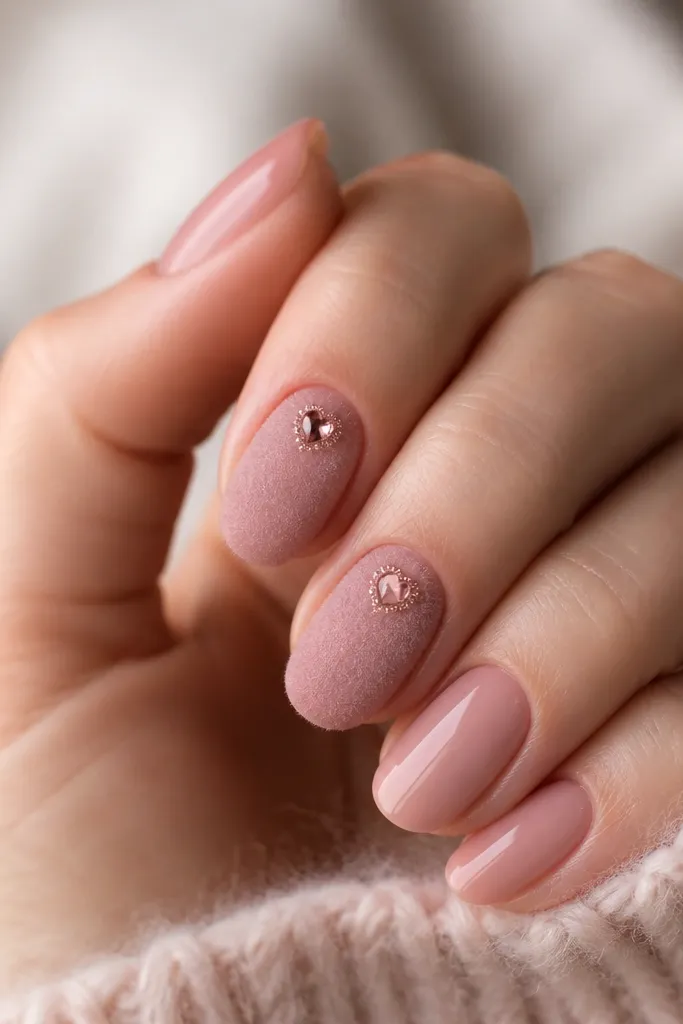 Nails with a soft velvet-matte rose base on two accent nails and glossy nude pink on the others. On the velvet nails, a single small heart gem sits near the center or slightly toward the cuticle, surrounded by a tiny halo of matching rose shimmer. The velvet nails look fuzzy and plush, while the rest are shiny and smooth.