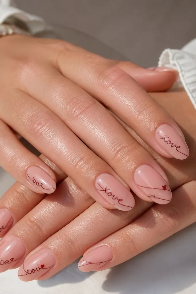 Nails are nude rosy BIAB with a glossy finish. Each nail has a thin black or dark cherry script line near the side of the nail, with partial words that look like "love" or "xoxo" in cursive. Two accent nails have a small red heart at the end of the script line. The script is crisp and reads like fine ink.