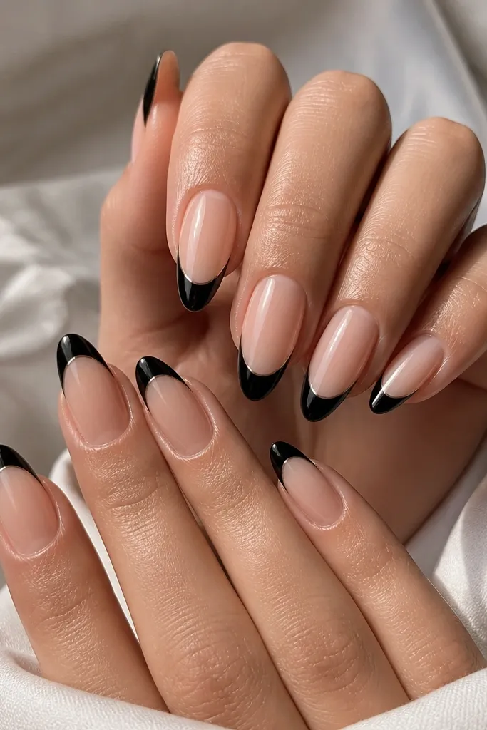 Ten almond nails with a nude base and a crisp, curved black French arc. The black arc sits slightly above the natural smile line and looks glassy and reflective, with a thin clear border between nude and black.