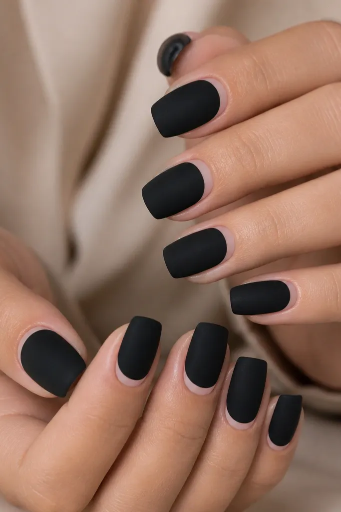 Ten squoval nails in matte black. Around the cuticle area there's a thin halo ring of nude-pink negative space, perfectly curved, with no other decoration.