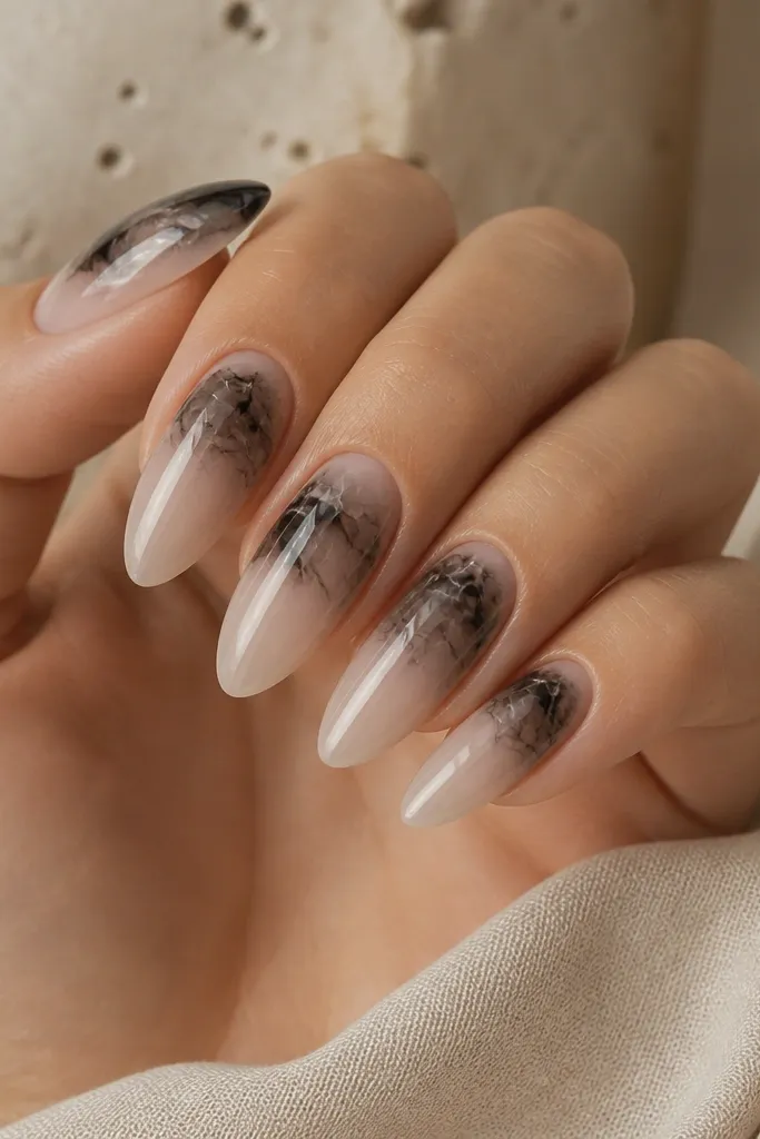 Long almond extensions with a sheer nude base. The top third has black marble veining like ink on stone, with thin gray-white cracks and a glossy finish.