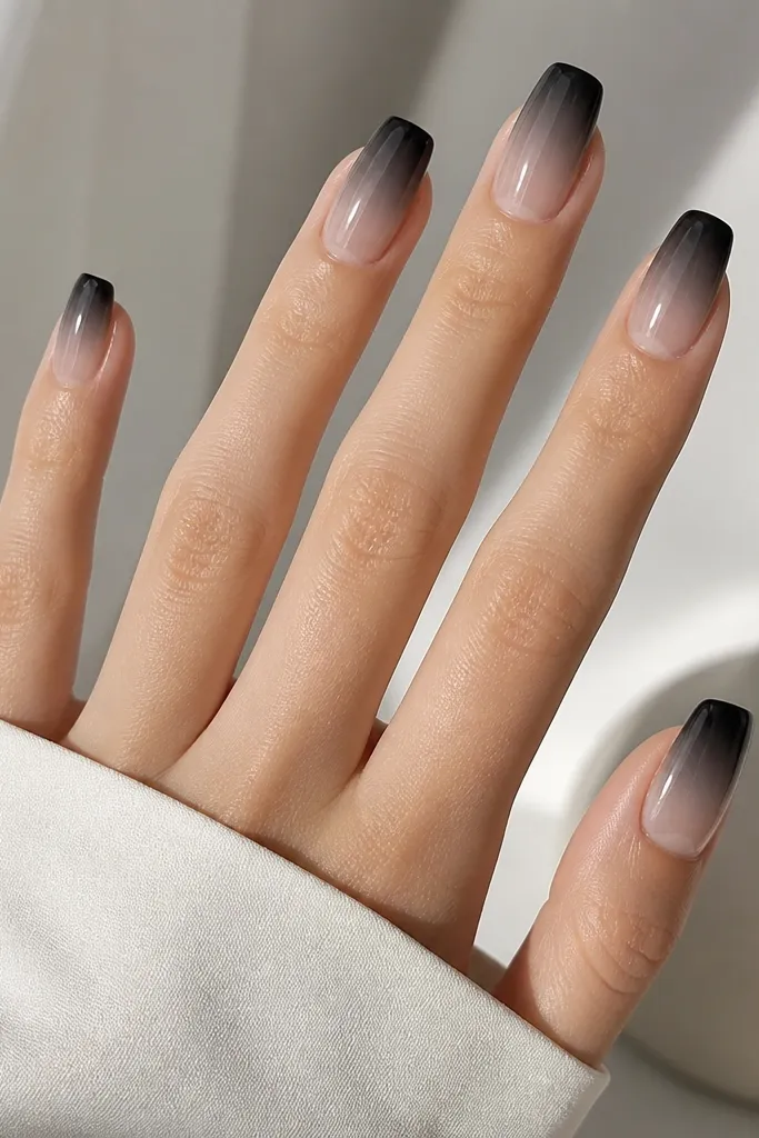 Square-to-squoval nails that fade from smoky black at the tip into a near-clear, glossy center. The gradient is smooth, with no harsh line, and the nails look airy.