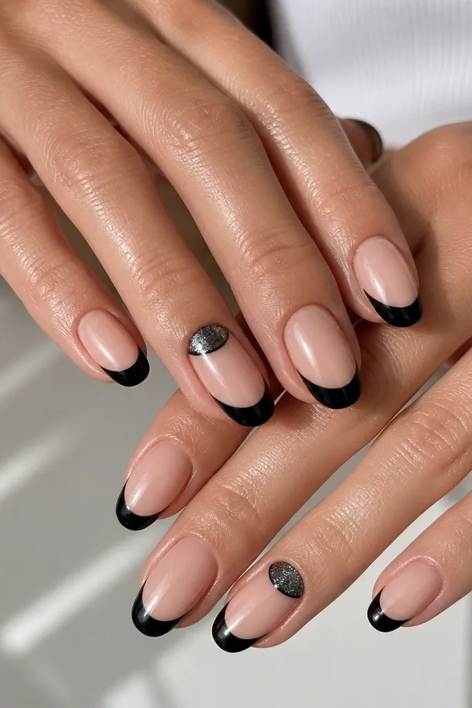 Ten nails with a nude base and glossy black tips. On two accent nails, there's a half-moon at the cuticle filled with black chrome powder that flashes silver-black, leaving the rest normal.