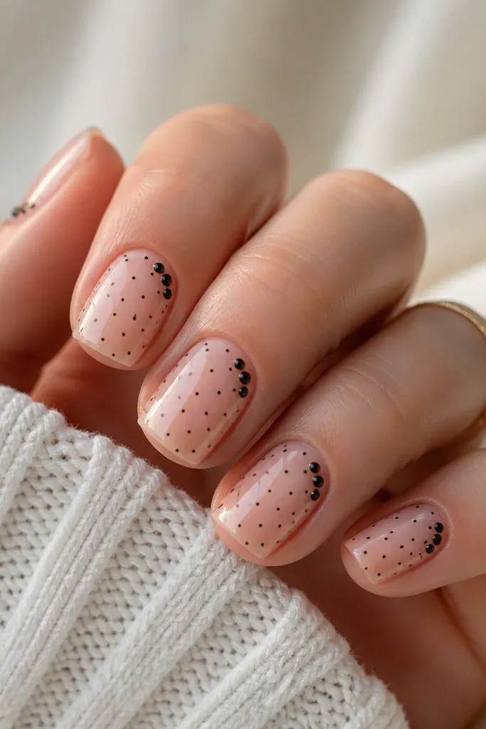 Short squoval nails with a sheer blush base and glossy black micro dots. On each nail, a small cluster of tiny black rhinestones sits on one side near the cuticle, like a diagonal sparkle.
